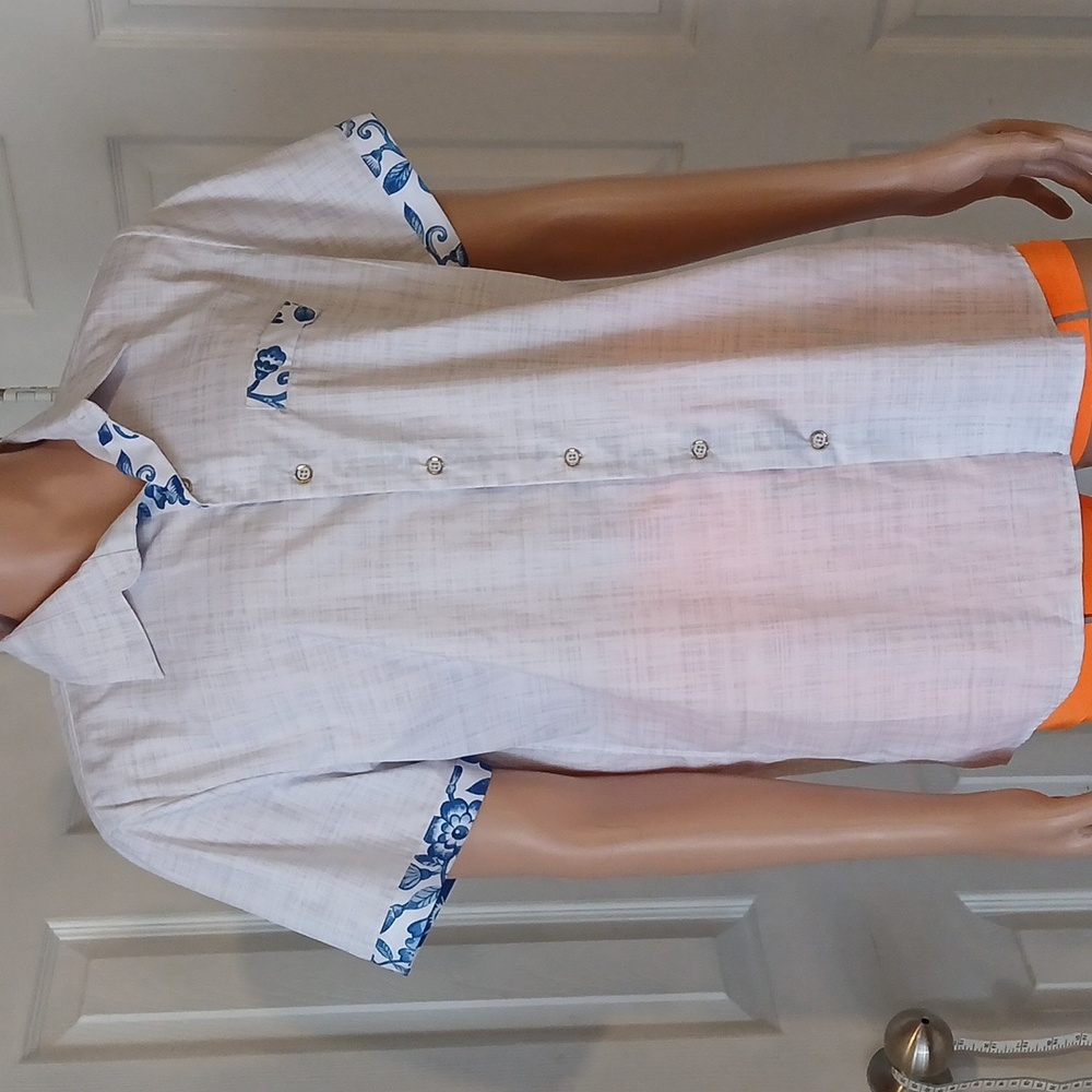 Men's White Shirt with Blue Pattern Accents